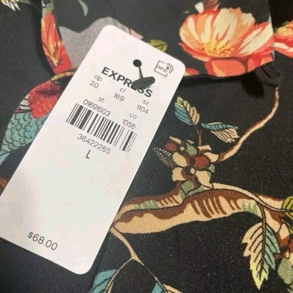 EXPRESS Mens Large Tropical Birds Camp Button Up SS Shirt Black NWT - Picture 4 of 6